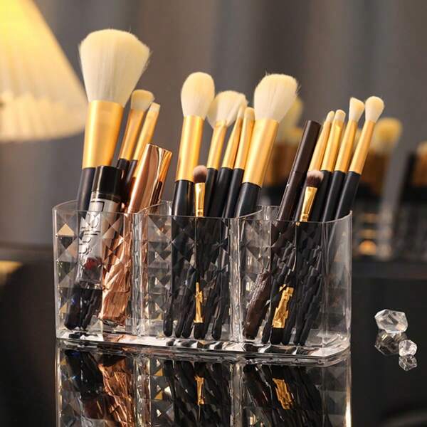 1 pieza Soporte para bolígrafos de acrílico transparente con 3 compartimentos, caja de almacenamiento para lápices y bolígrafos de maquillaje, estantería para exhibir herramientas de maquillaje, caja de almacenamiento de cosméticos para guardar lápices labiales, brillo de labios, delineador, lápiz labial, pinceles de maquillaje, marcadores y bolígrafos de pintura. Artículos esenciales para decorar tocadores, escritorios, baños, habitaciones, dormitorios, salas de estar y oficinas.