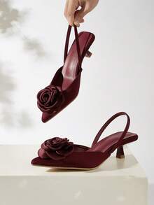 Women's Floral Satin Pointed Toe Kitten Heel Slip-On Shoes, Solid Color Elegant Party Mule Flats, Comfortable Low Heel Commuting Sandals