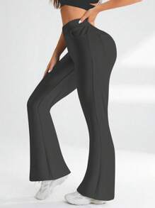 Women Pocket High Waist Slim Wide Leg Pants Seamless Sports Yoga Flared Leggings Gym Butt Lifting Running Training Bootcut Solid Color Sports Pants Full Length Elastic Waistband Pants Stretchy Work Pants Black Round Neck Sports Pants Casual Tights Sports Trousers