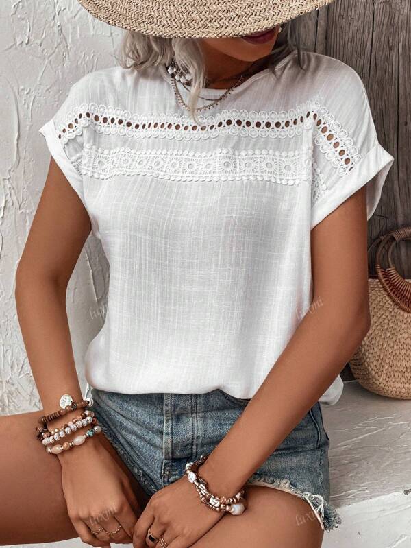 1pc Women's Cotton Pattern T-Shirt, Hollow Embroidery Decorative Crew Neck Short Sleeve Top, Summer