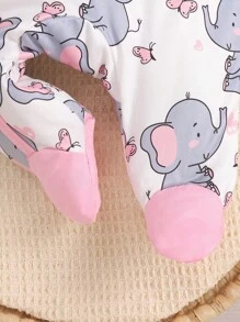 Baby Girls' Casual Cute Cartoon Elephant & Butterfly Print Footie Romper, Long Sleeve One-Piece Pajamas, Spring/Autumn