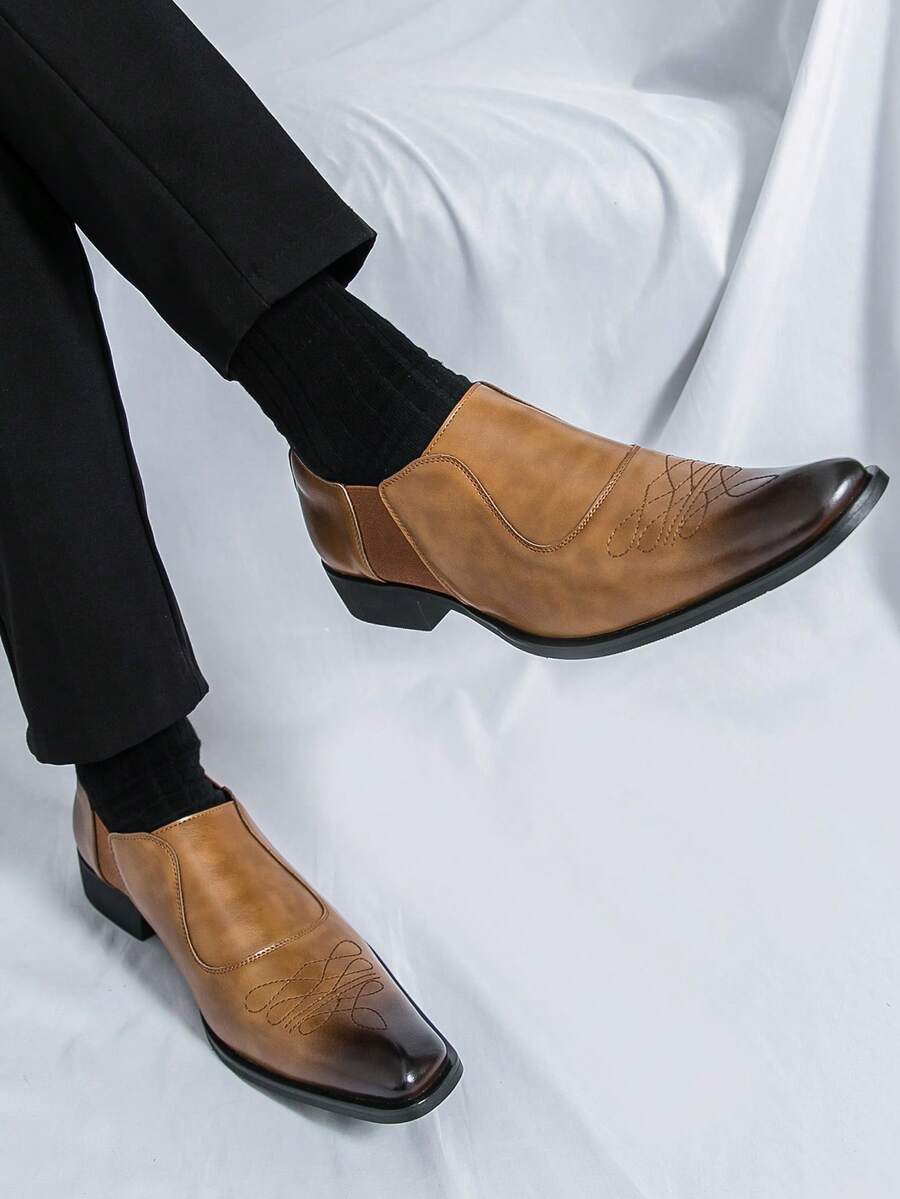 男士尖头格子不对称设计礼服靴，高端时尚切尔西婚鞋，棕色 - 棕色 - 查看 1