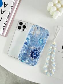 海龟与海洋全息奶油纹理波浪边透明手链支架科技彩绘穿孔极简防摔加厚手机保护壳，兼容 16/16 Pro Max、 15 XR/7/8、 15 Pro Max、12 Pro Max、13 Pro Max、14 Pro Max、13、14、11、12、14、P11 软壳、P12 防摔、XS、XR、7/8 P、7/8 GES2、红米手机