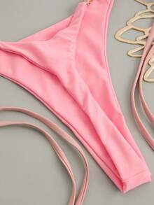 Áo bikini tam giác kiểu Âu Mỹ mới về, điểm nhấn là họa tiết kim loại hình trái tim, cổ yếm, màu trơn gợi cảm, thích hợp cho kỳ nghỉ hè trên bãi biển, màu hồng. - Hồng - Xem 6