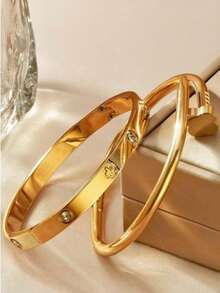 2 Stücke/Set Boho Stil Edelstahl vergoldet Glücksklee, Herz & Stern Armreif Set, 18K Beschichtung mit Strass - perfekt für Einkaufen, Kostümpartys und romantische Dates, Geschenk