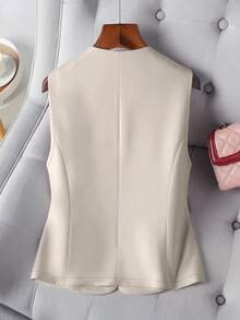 女士休闲单排扣无袖西装外套，轻便通勤，春夏季 - 米色 - 查看 2