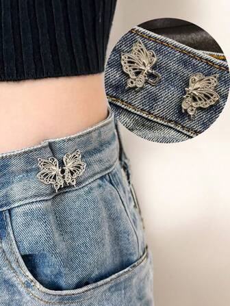1 par de botones ajustables tipo mariposa para cintura, desmontables y sin costuras, ideal para ajustar el tamaño de la cintura en los pantalones vaqueros, sin necesidad de coser ni clavar - Herramienta para estilizar la cintura