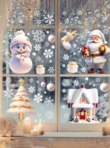113 件/4 张可重复使用的圣诞窗贴，圣诞老人、驯鹿、雪花家居装饰，商店展示，节日派对，易于粘贴和移除，双面圣诞窗贴，白色雪花静电玻璃贴花，节日装饰窗贴圣诞装饰圣诞装饰家居
