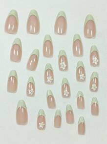 24pcs Minimalist Cute White Flower Green Trim 3D French Almond Shaped Press-On False Nail Set, Suitable For Office Ladies, Daily Wear, Dates, Afternoon Tea, Outings
