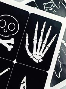 2 张万圣节纹身模板，骷髅头魔术帽类模板可重复使用的身体模板，闪光喷枪 DIY 纹身模板，适合女性女孩身体艺术自粘模板派对礼物 - 黑色 - 查看 7