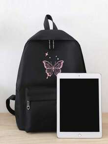 Conjunto de mochilas escolares simples e funcionais com estampa de borboleta Y2K, 4 peças, mochila da moda, bolsa de ombro de grande capacidade, bolsa para lápis portátil, porta-moedas, estilo universitário Y2K, estilo casual, adequado para adolescentes, estudantes do ensino fundamental e médio, faculdade e ensino médio, perfeito para atividades ao ar livre, viagens e volta às aulas, material escolar para a volta às aulas, mochila escolar para meninas - Preto - Ver 3