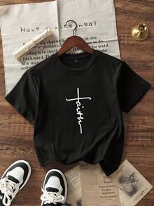 青少年男童休閒字母印花黑色圓領短袖毛衣，夏季上衣 - 黑色 - 查看 3