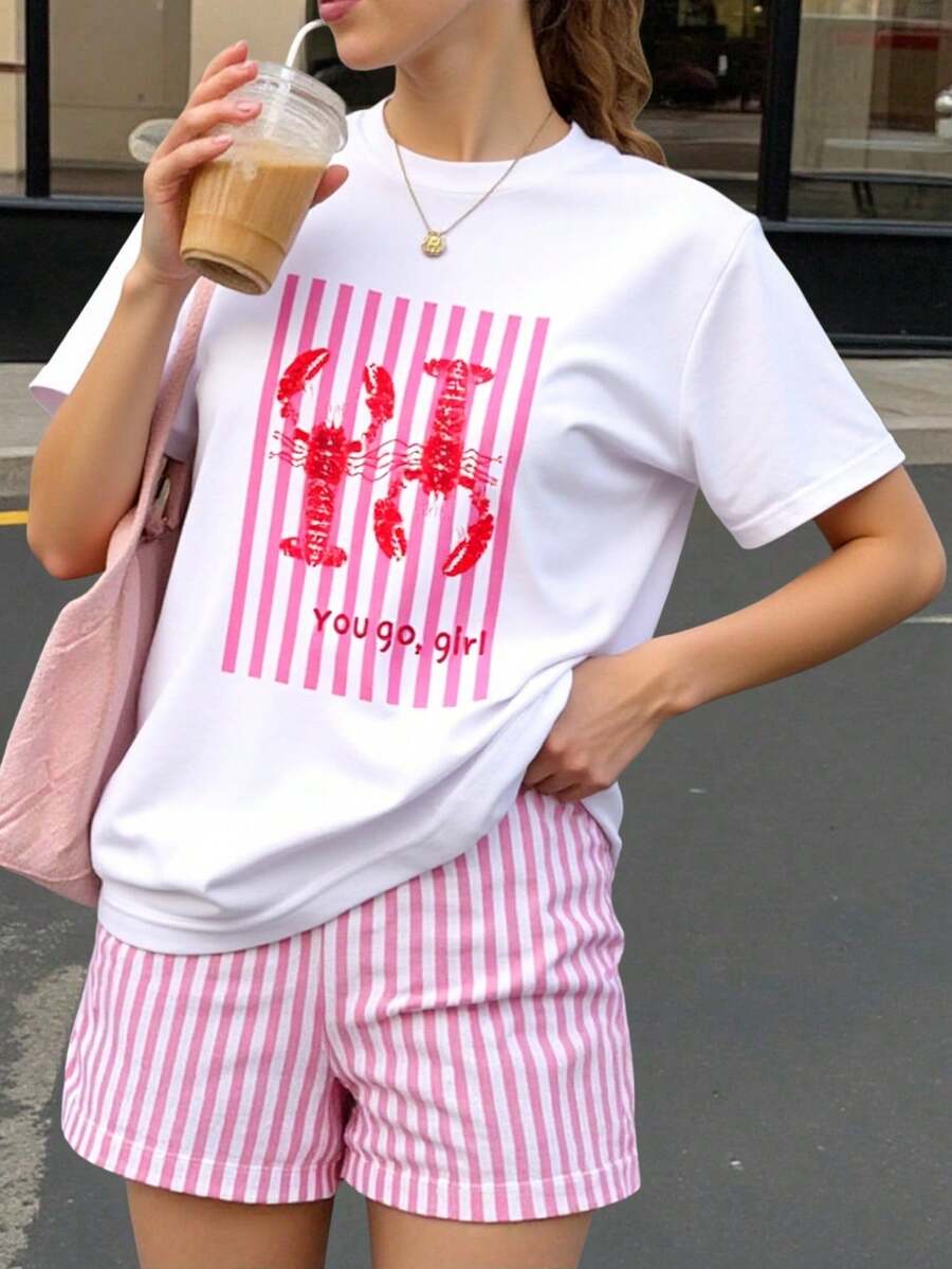 Traje de mujer de camisa holgada de manga corta con estampado de langosta casual de ropa de mujer de verano con camiseta gráfica, vacaciones, ropa de mujer de verano, blusas de punto - Blanco - Ver 1