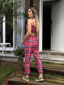 Women's Colorful Plaid Set - Red - View 4