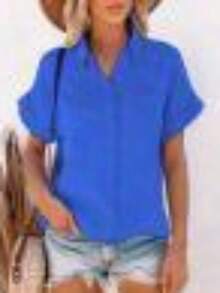 Women's Summer  Linen Tops Short Sleeve Lapel Button Up Solid Color Shirt With One Pocket - Azul - Ver 4