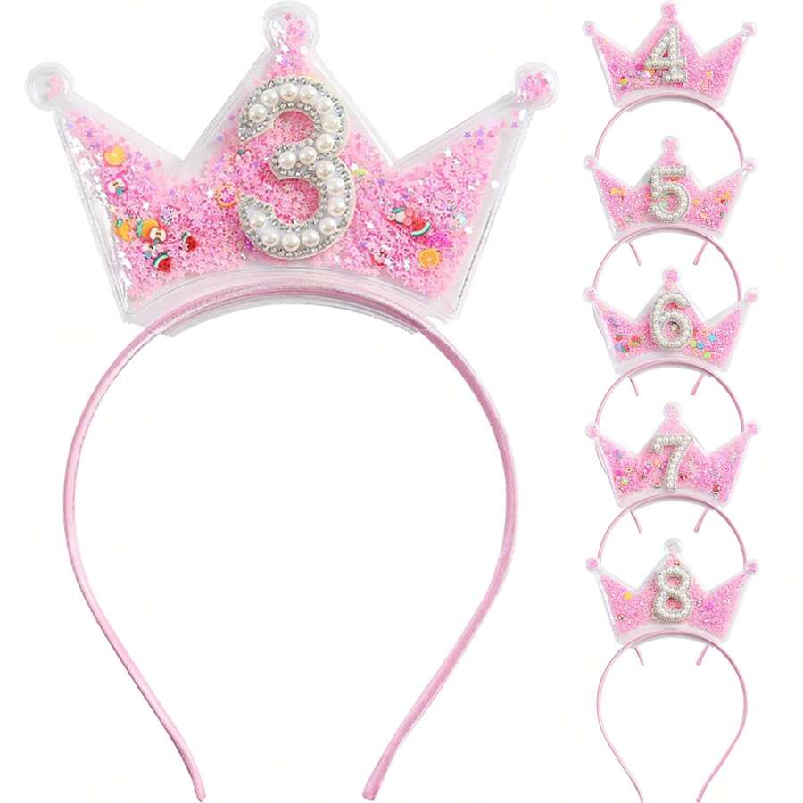 1个生日皇冠发箍，适合3-9岁儿童，公主风头饰，粉色发饰，生日礼物发箍，发带，发圈，秋季款，女士发箍 - 彩色 - 查看 1