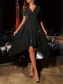 Blingbling Party Casual V Neck Knitted Black Midi Dress | Elegant Event Guest Dress | Shimmering Texture, Highlow Silhouette Hem Flared A Line Dress | Spring Winter Clothes, Vacation New Years Valentine Outfits For Women - màu đen - Xem 1