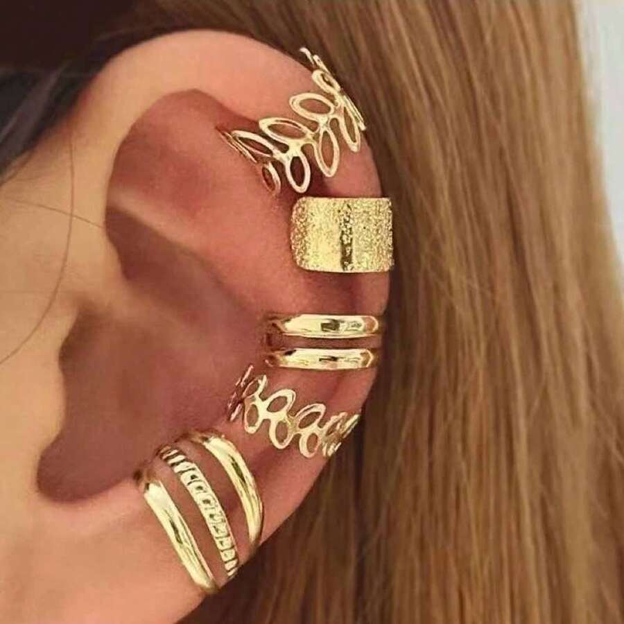 5 Pcs Non-Pierced Ear Bone Clip Set-European And American Fashion High-End Jewelry-Women's Earrings-Natural Earrings Earrings Men's Ear Clips-Earrings Sets-Gold Jewelry>Earrings-Ears-Ear Cuffs-Clip On Earring-Clip On Earrings Women-Christmas-Aretes Elegantes-Statement Earrings-Vintage Earrings-Earings Women Earring Sets-Earrings For Women-Gold Earrings-Gold Earrings Women 5 Pieces/Set Gold Bridal Clip-On Earrings Set Hole-Free Ear Bone Clip Creative Simple Personality Gold Leaf Hollow New Earrings C-Shaped Ear Clip - 金色 - 查看 1
