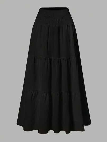 Women's Solid Color Minimalist Versatile Ruffle Hem Bubble Crinkle Feeling Semi-Sheer Skirt Black Summer