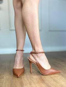 ANGELA GALVAO Open Toe Slingback Pumps With Buckle Autumn Winter Luxury Feminine Glamour Comfort - Rượu Whisky Napa - Xem 2