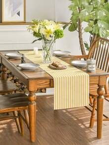 1pc, Vibrant Yellow And White Striped Rectangular Table Runner, Suitable For Dining Table, Coffee Table, Home Decor - Durable Kitchen And Dining Room Decoration, Table Decoration - Yellow - View 7