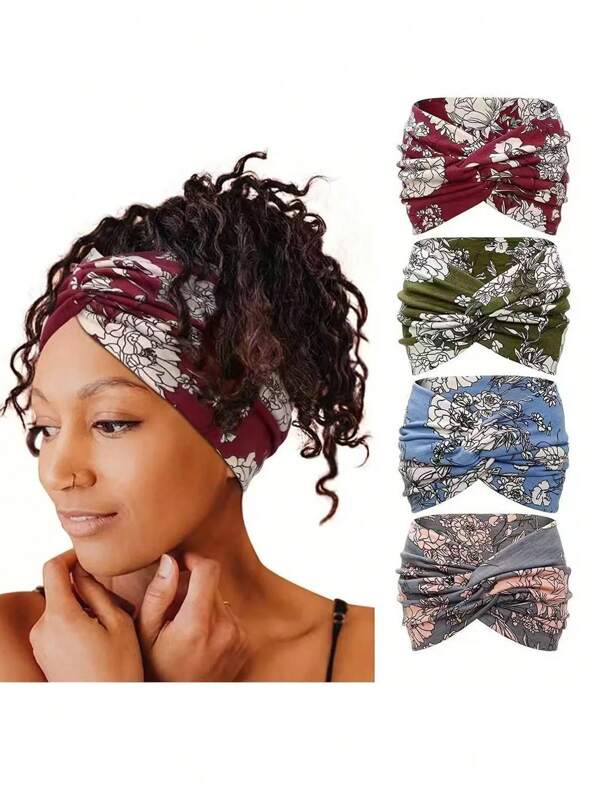 4 piezas Diademas de yoga estilo bohemio para mujeres, elásticas con nudo cruzado, con estampado tie-dye paisley y de unicolor, accesorios para el cabello suaves para hacer ejercicio