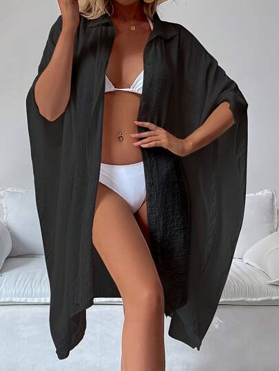 Women's Summer Batwing Three-Quarter Sleeve White Cover-Up Blouse, Single-Breasted Shirt Dress, Solid Color Outerwear, Comfortable And Lightweight