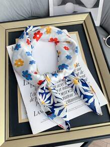 1 Stück Bandana-Paisley-Schal, Blumen-Gänseblümchen-Muster aus Faux-Seide Halstuch, süß und frisch für Frauen