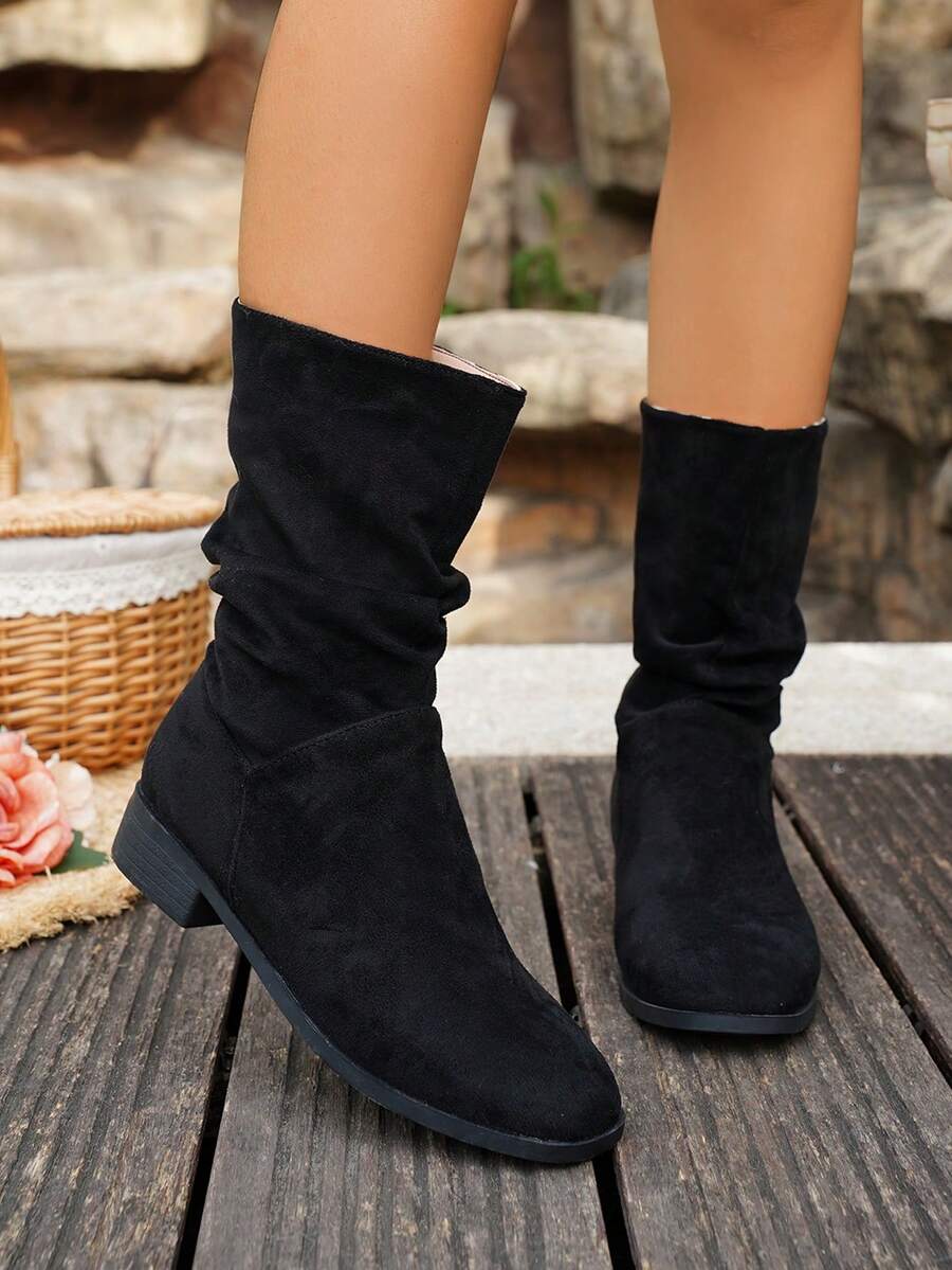 Women's Vintage Knight Mid-Calf Boots, Thick Heel, Versatile Western Folding Boots For Spring/Autumn - Black - View 1