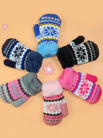 1 Pair Winter & Autumn Kids Snowflake Jacquard Cartoon Mittens Gloves, Warm Striped Mittens For 3-6 Years Old