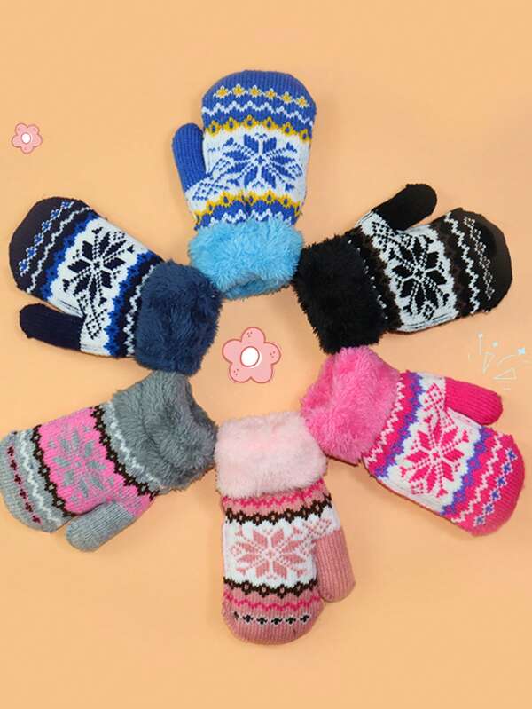 1 paire de moufles enfants d'hiver et d'automne avec motif de flocons de neige jacquard et dessin animé. Moufles rayées chaudes pour les enfants de 3 à 6 ans