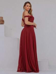 Long Off-The-Shoulder Party Dress With Sparkle For Bridesmaid, Wedding, Princess Graduation - 紅木色 - 查看 3