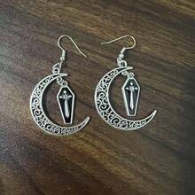 1 Pair Vintage Gothic Engraved Moon & Enamel Cross Coffin Pendant Earrings, Halloween Gift