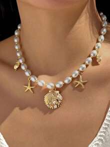 1 件波西米亚风格海洋主题海星和贝壳吊坠项链，适合女性海滩度假穿着 - 金色 - 查看 1
