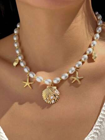 1 件波西米亚风格海洋主题海星和贝壳吊坠项链，适合女性海滩度假穿着