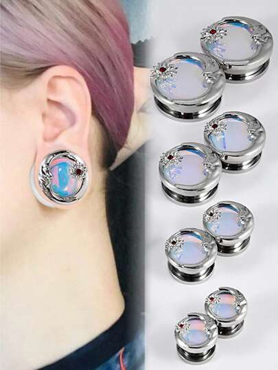2PCS Moon&Sun Blue Gradient Flash Ear Tunnel&Plugs Surgical Steel Pulley Piercing Saddle Ear Weight Strengthing Expander Gauge Piercing Earring