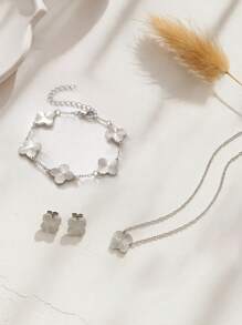 Handmade Polished Stainless Steel Four-Leaf Clover Jewelry Set, Necklace, Bracelet And Earrings For Women For Daily Wear For Gift