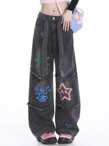 Jupkem Cute Low Rise Y2k Jeans Women Straight Leg Goth Star Graphic Wide Leg Kawaii Pants Y2k Aesthetic Baggy Jeans Korean Streetwear