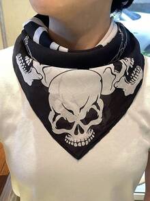 1pc Unique Skull Printed 55cm Small Square Scarf, New Spring Autumn Bandana For Women, Versatile Waist Belt, Bag Decor, Hair Wrap, Fashion Neckerchief For Dress - Black - View 2