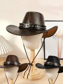 1pc Unisex Western Style PU Leather Denim Hat, Distressed Finish, Metal Decor, Suitable For Cowboy Themed Events, Festivals, Parties, Cosplay, Outdoor Activities, Daily Wear - Multicolor - View 6