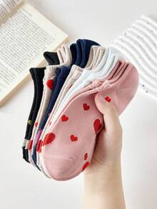 5 Pairs Women's Sweet Heart Pattern Simple Boat Socks Invisible Socks Suitable For Spring&Summer - Multicolor - View 2