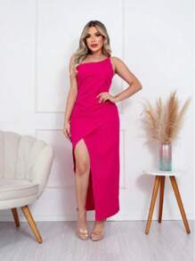 One-Strap Midi Dress With Front Slit And Invisible Zipper