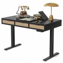 48X26 Hes Boho Style Height Adjustable Electric Standing Desk With 3 Rattan Drawers, 48X26 Hes Stand Up Desk With Large Storage - Multicolor - View 2