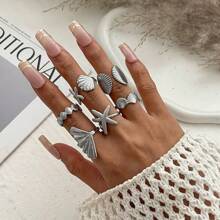 Juego de 6 anillos de personalidad bohemia con estrella de mar de estilo vintage y acabado liso vegano
