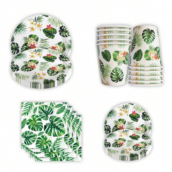 10/20/50 Pcs Tropical Party Supplies Package, Disposable Palm Leaf Tableware, Suitable For Jungle Party, Hawaiian Theme, Luau BBQ, Green, Summer Party, Serves 10 People Festival Party Supplies