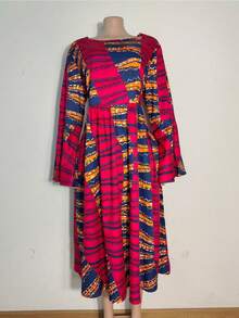 大码复古花卉印花喇叭袖休闲度假连衣裙 - 彩色 - 查看 2