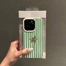 1pc TPU Material Green Striped Coconut Tree Pattern Phone Case Compatible With Apple// Phones - White - View 2