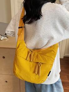 1 件纯黄色尼龙新月形可折叠手提包，多个口袋和拉链，学生休闲斜挎包，轻便方便，适合夏季，街头服饰