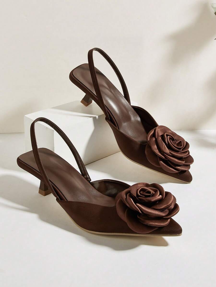 Women's Floral Satin Pointed Toe Kitten Heel Slip-On Shoes, Solid Color Elegant Party Mule Flats, Comfortable Low Heel Commuting Sandals