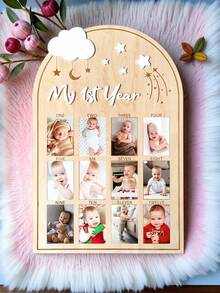 Three Styles - My First Year Wooden Milestone Photo Frame -12-Month Birthday Souvenir, Vertical Collage Style, With Leaf Design, Perfect For One-Year Photos And Monthly Milestones, Photography Props, Baby Showers - Multicolor - View 12